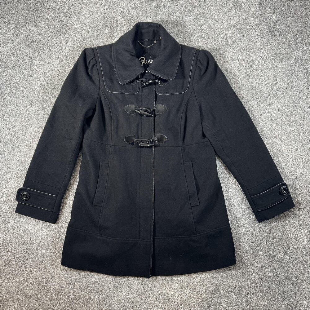 Guess Coat Womens Large Black Wool Blend Toggle Duffle Mid Length Lined Winter